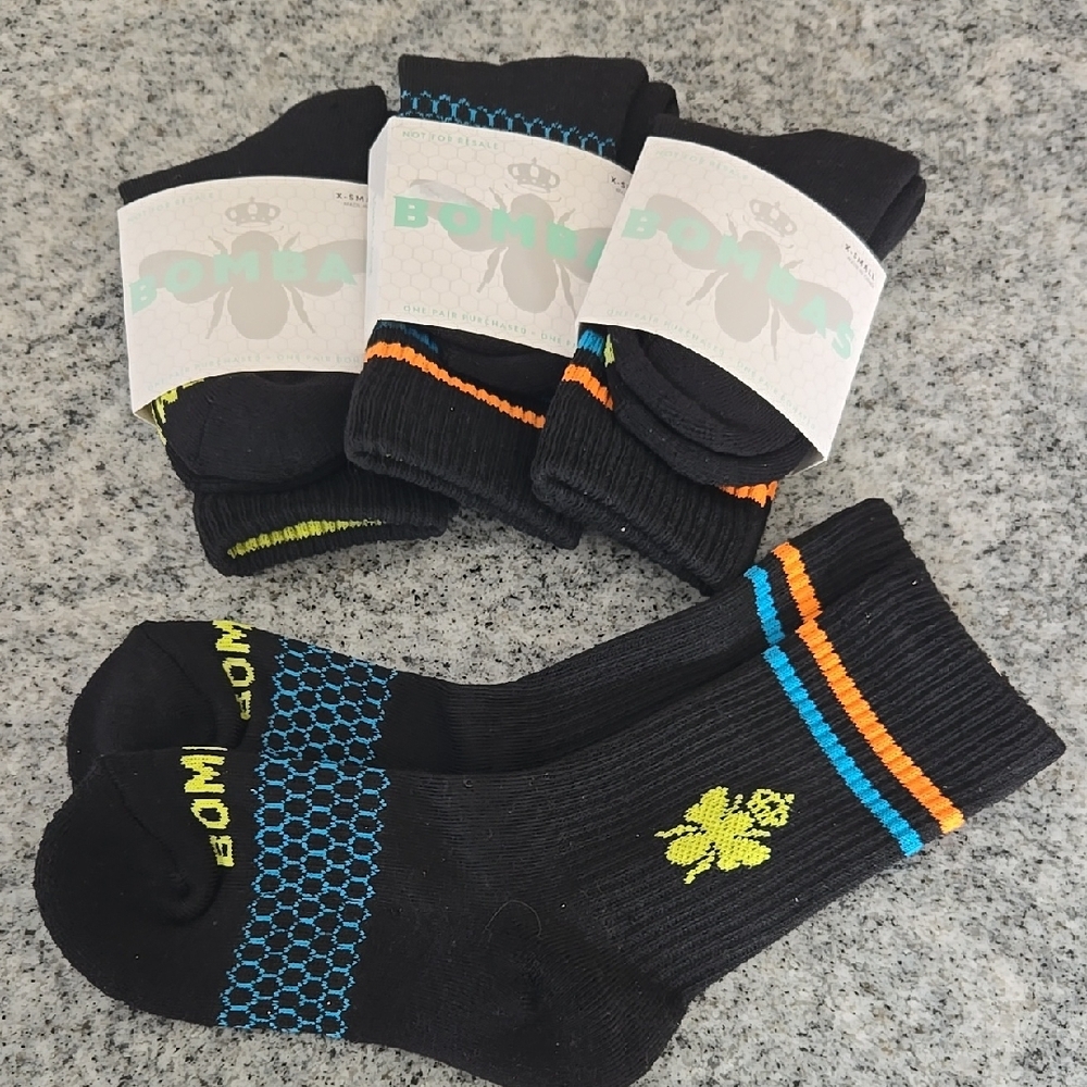 Bombas Kids Size XS Black Mid-Calf Socks with Blue and Orange Accents